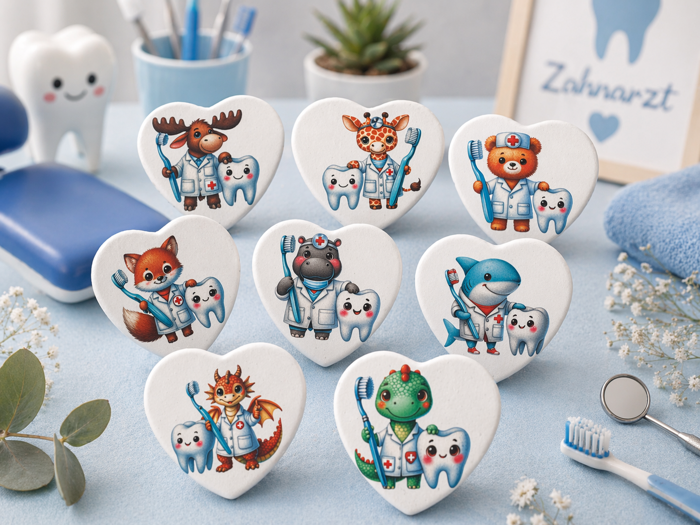 Starterpaket Zahnarztpraxis - Kindermagnet Tier mit Zahnbürste und Zahn