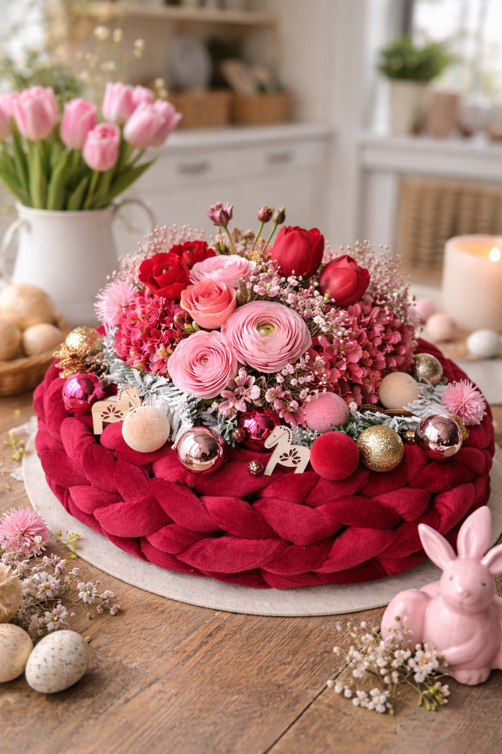 Samtkranz Dunkelrot – handgefertigter Tür- & Tischkranz aus Samtgarn – 22cm bis 40cm