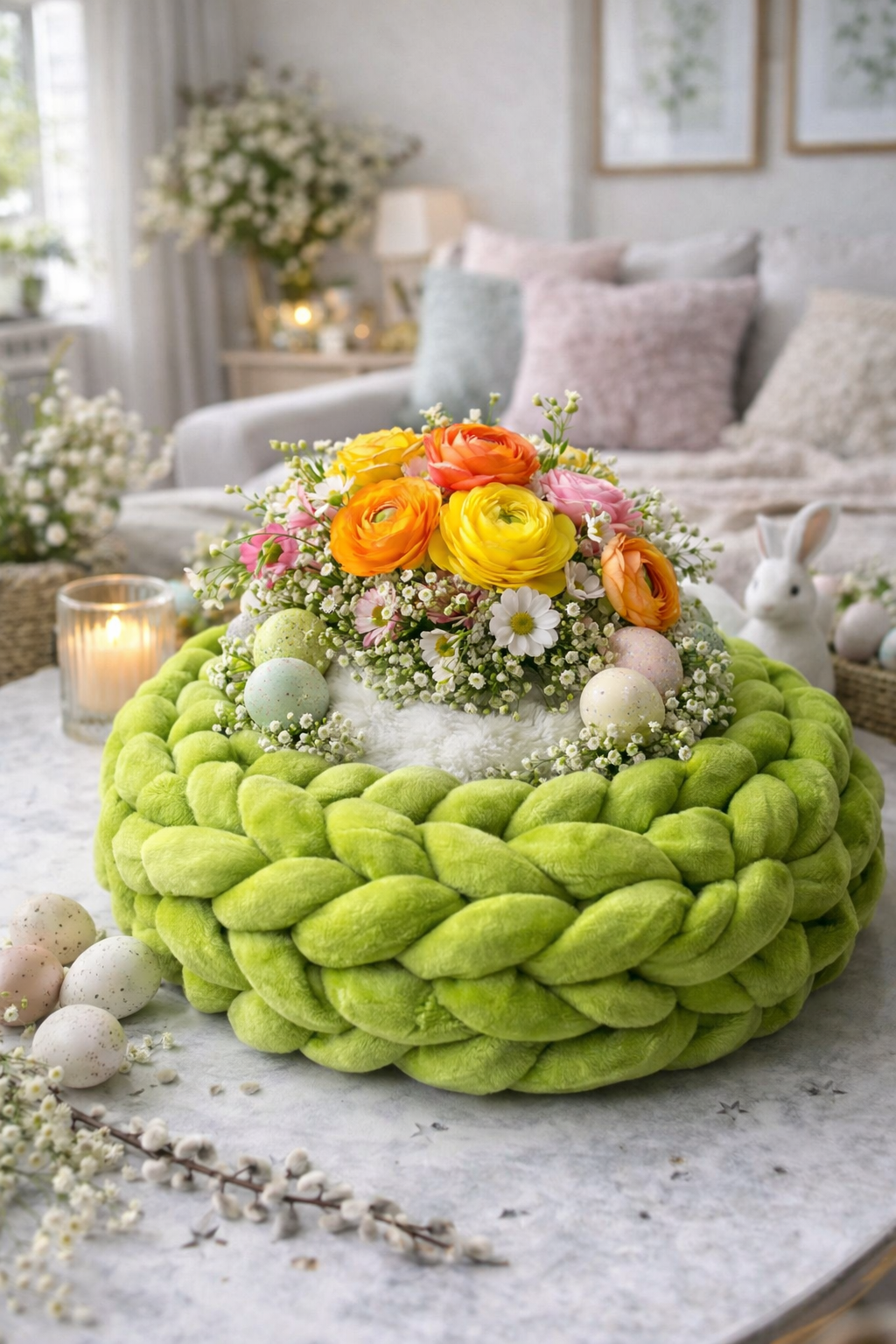 Samtkranz Pistazie – handgefertigter Tür- & Tischkranz aus Samtgarn – 22cm bis 40cm