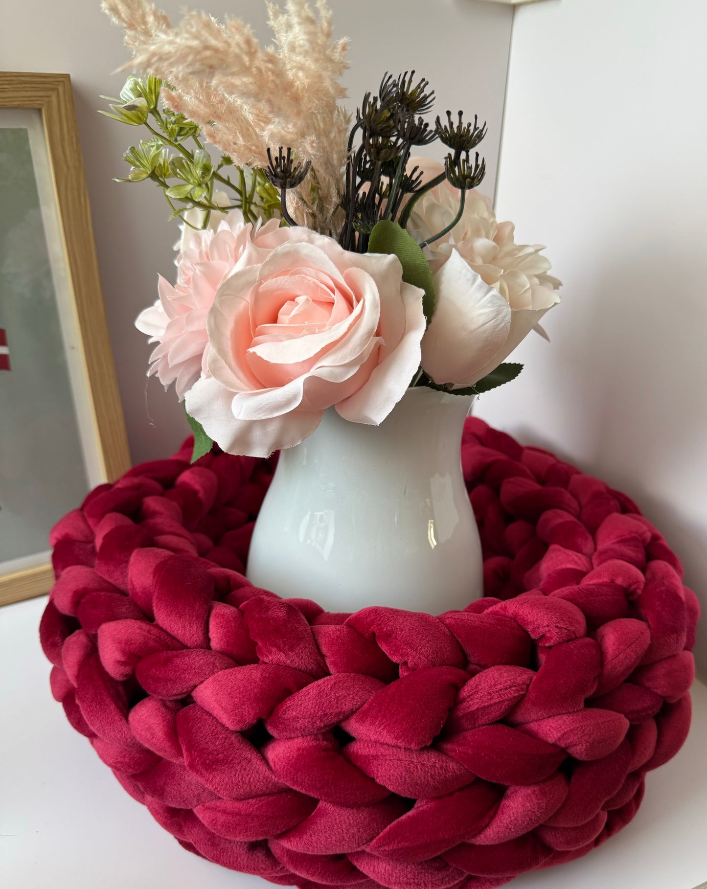 Samtkranz Dunkelrot – handgefertigter Tür- & Tischkranz aus Samtgarn – 22cm bis 40cm