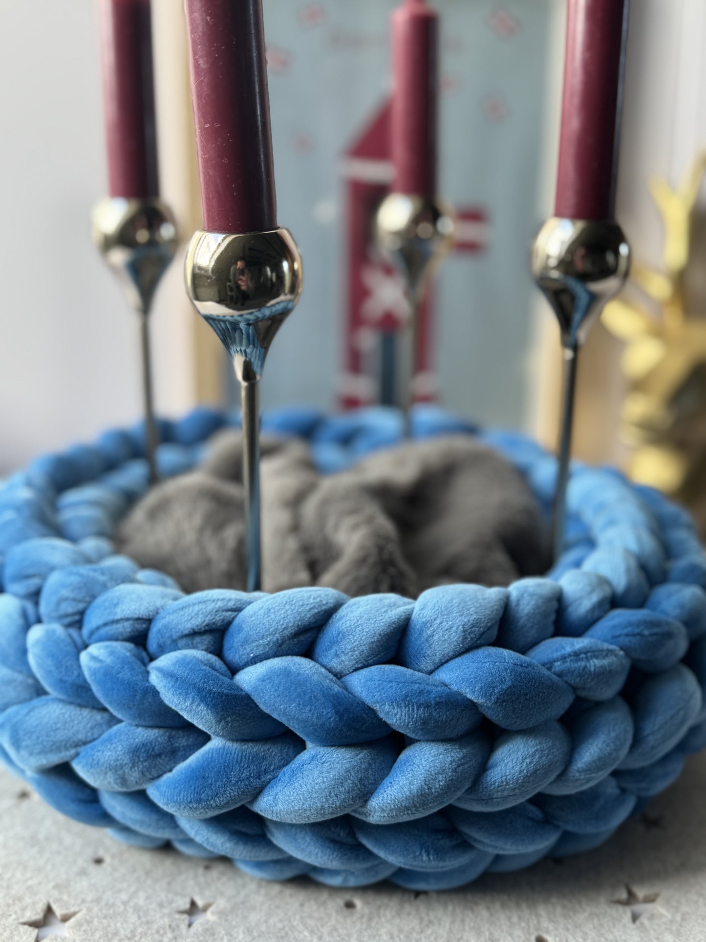 Samtkranz Blau – handgefertigter Tür- & Tischkranz aus Samtgarn – 22cm bis 40cm