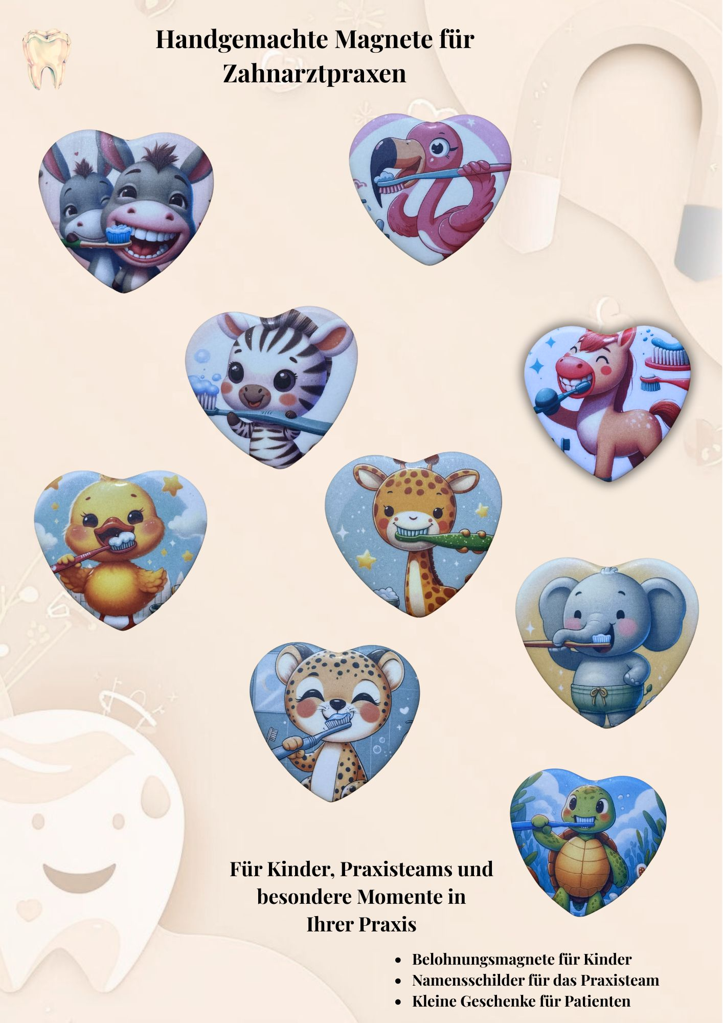 Starterpaket Zahnarztpraxis - Kindermagnet Buttons Tiermotive mit Zahnbürste
