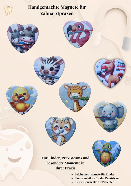 Starterpaket Zahnarztpraxis - Kindermagnet Buttons Tiermotive mit Zahnbürste