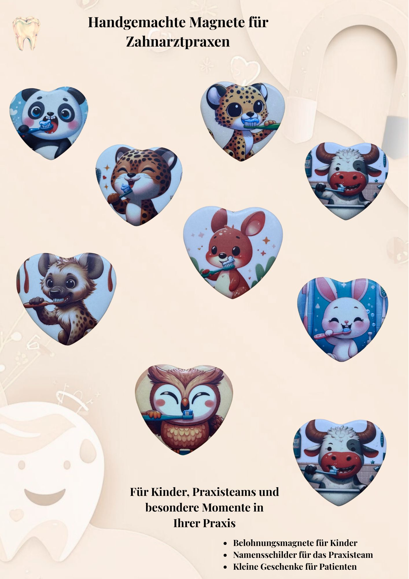 Starterpaket Zahnarztpraxis - Kindermagnet Buttons Tiermotive mit Zahnbürste