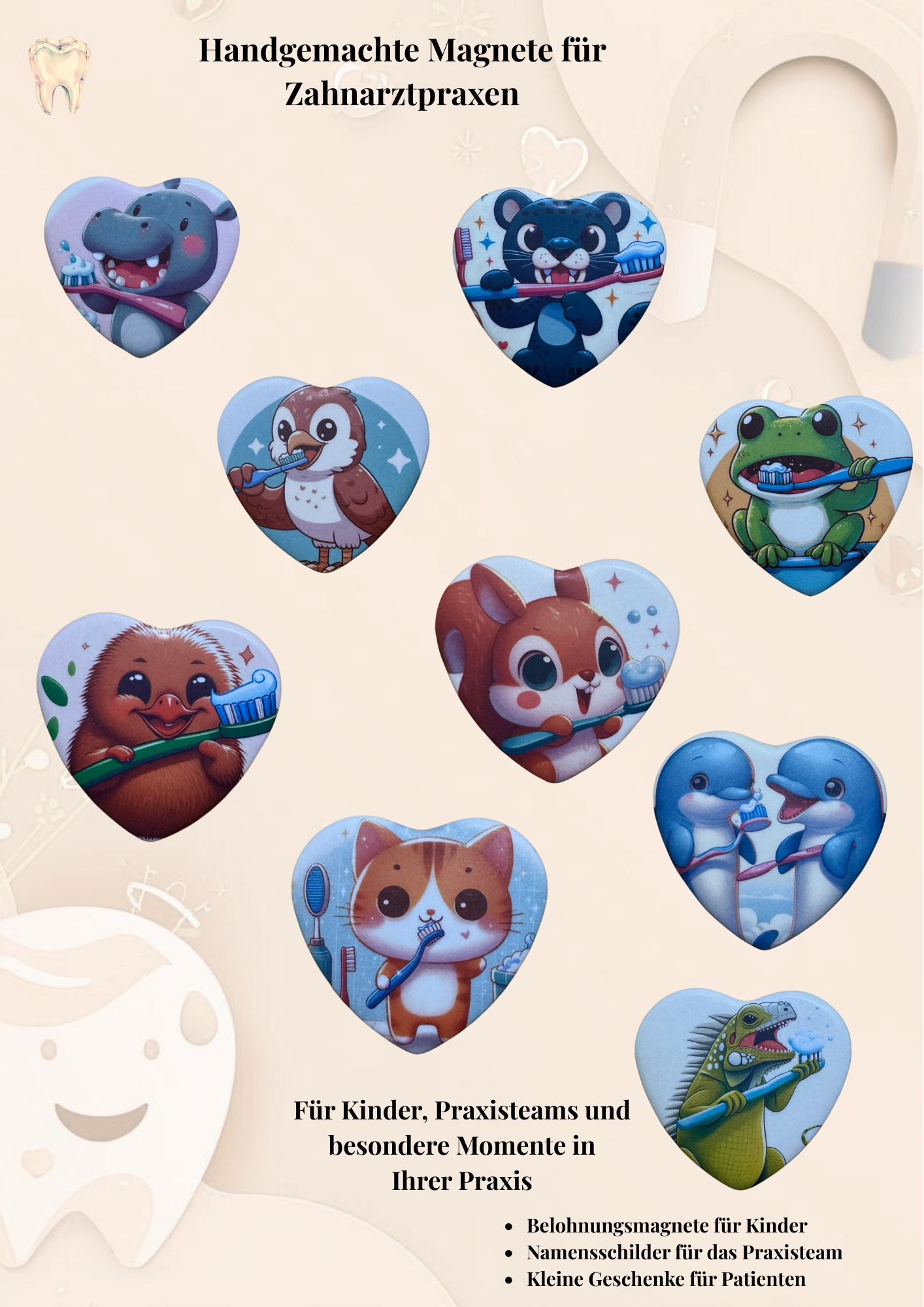 Starterpaket Zahnarztpraxis - Kindermagnet Buttons Tiermotive mit Zahnbürste